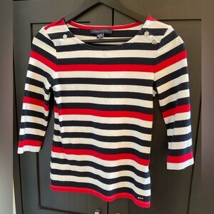 ✅ 2/$20 Women Tommy Hilfiger Coastal Preppy Classic Striped Red Navy Top S EUC